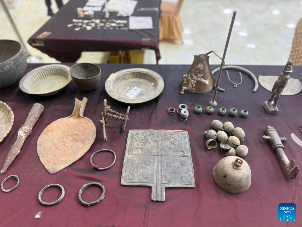 The photo taken on Jan. 13, 2026, in Port Sudan, Sudan, shows recovered antiquities looted during the ongoing armed conflict. Sudanese government on Tuesday announced that it has recovered 570 antiquities that were looted during the country's ongoing armed conflict, marking a significant step in efforts to safeguard Sudan's cultural heritage and historical identity. (Photo by Sumaia Abdul Nabi/Xinhua)